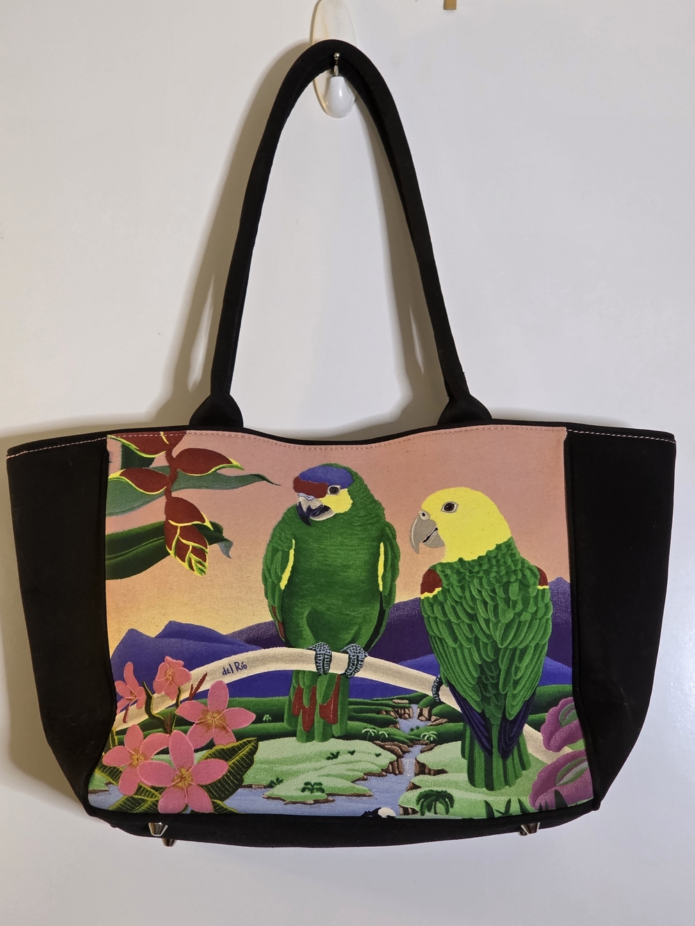 Del Rio Canvas Tropical Parrot Print Pet Bird Tote Bag - black -16" Widest